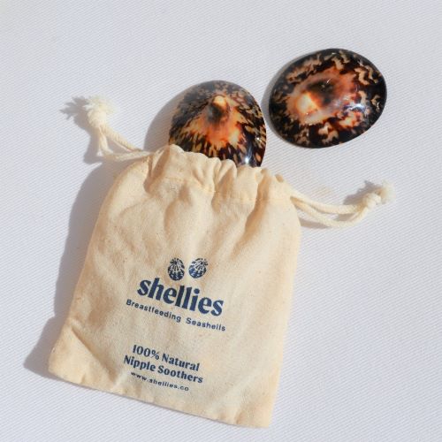 Pair of Shellies Breastfeeding Seashells in their organic cotton storage pouch